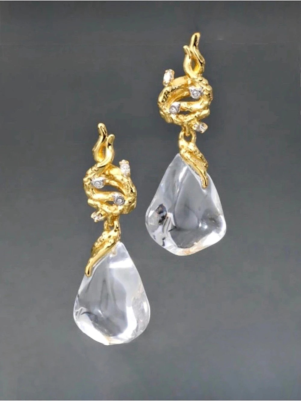NEW Alexis Bittar Liquid Vine Lucite Raindrop Earrings Gold Clear C Z OC01